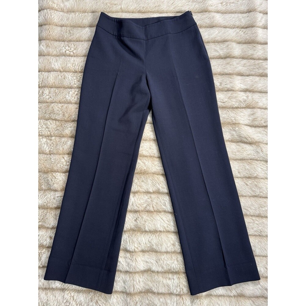 Akris Pants Womens 10 Navy Blue Side Zip Trousers Wool Wide Leg Dress Pants